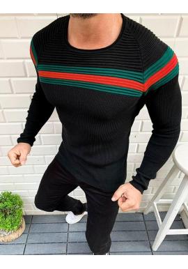 Pánsky módny sveter s kontrastnými pruhmi v čiernej farbe