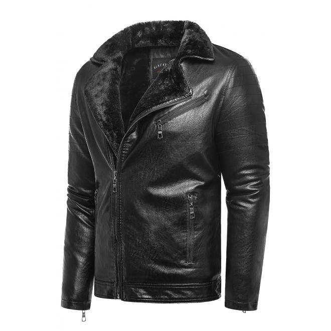 Pánska oteplená kožená bunda na zimu v čiernej farbe