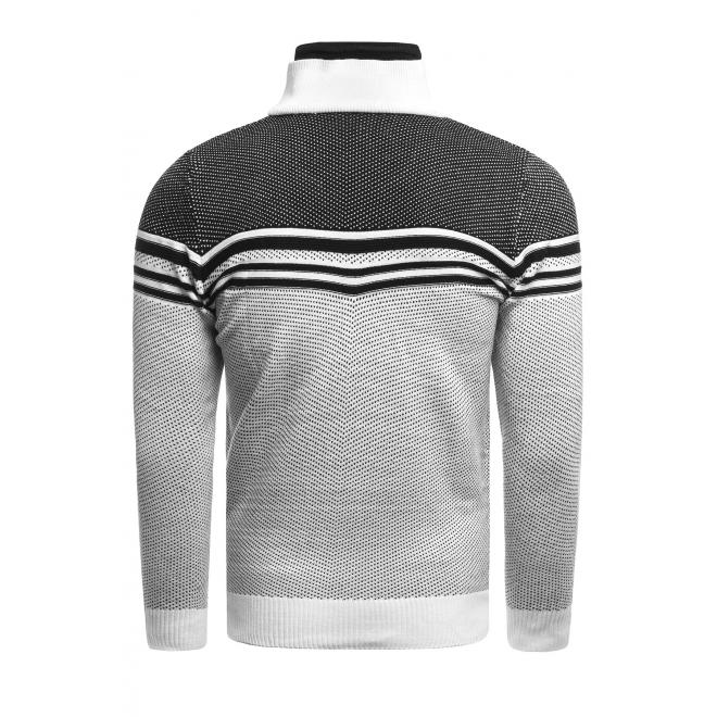 Pánsky vzorovaný sveter so zapínaným golierom v bielej farbe