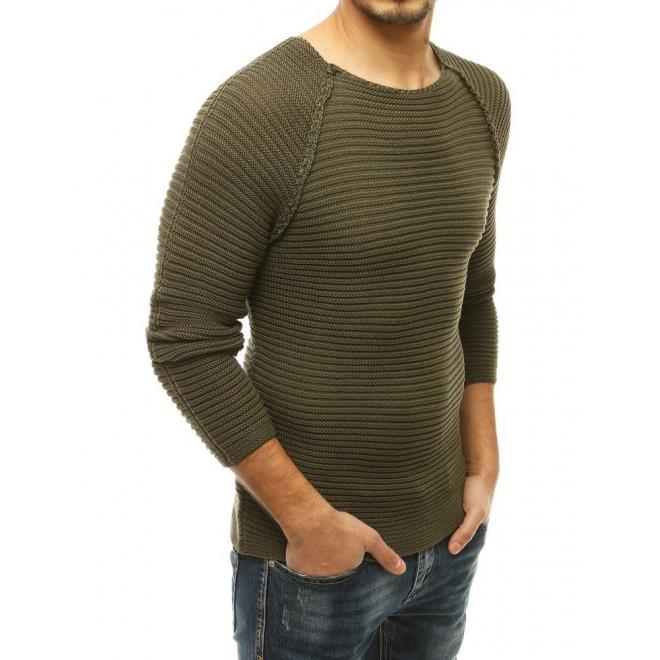 Pánsky štýlový sveter s okrúhlym výstrihom v kaki farbe