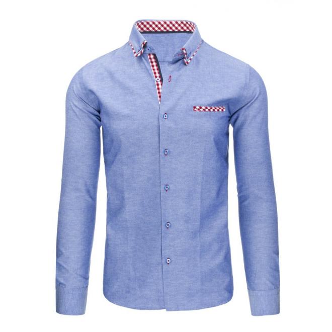 Elegantná modrá košeľa s károvaným detailom