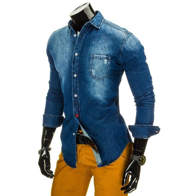 Štýlová džínová košeľa pre pánov v tmavomodrej farbe