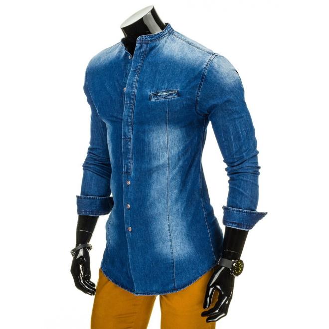 Štýlová džínová košeľa pre pánov v tmavomodrej farbe
