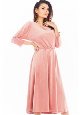 Dámske velúrové midi šaty s 3/4 rukávom v ružovej farbe