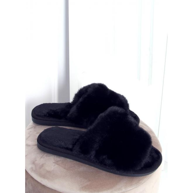 Čierne kožušinové papuče s gumičkou pre dámy
