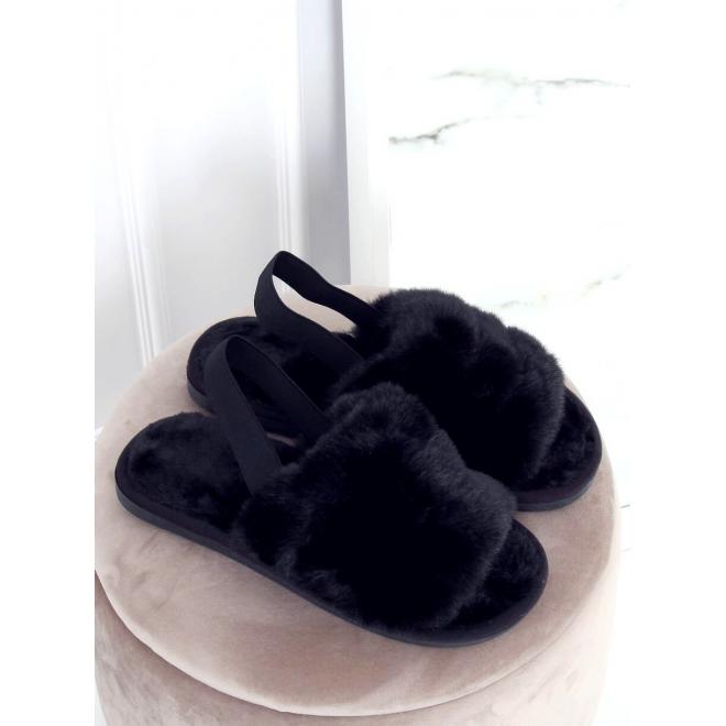 Čierne kožušinové papuče s gumičkou pre dámy