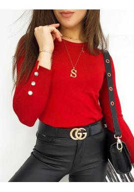 Červený priliehavý sveter s gombíkmi na rukávoch pre dámy