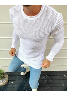 Pánsky módny sveter s okrúhlym výstrihom v bielej farbe