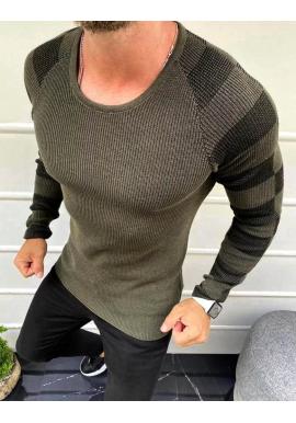 Pánsky módny sveter s kontrastnými vložkami v kaki farbe