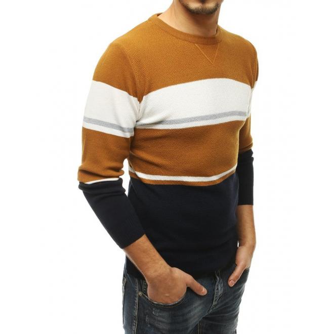 Pánsky štýlový sveter s kontrastnými pruhmi v hnedej farbe