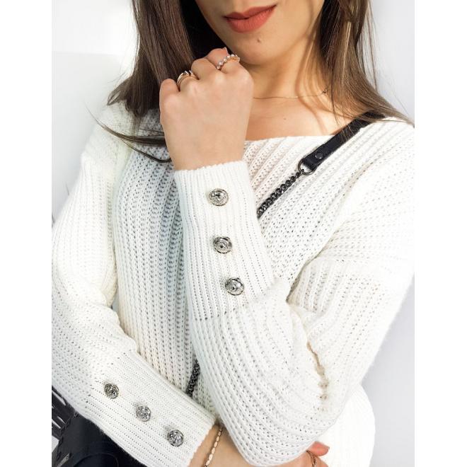 Teplý dámsky sveter bielej farby s ozdobnými gombíkmi
