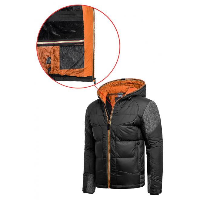 Pánska zimná bunda s kapucňou v čierno-oranžovej farbe
