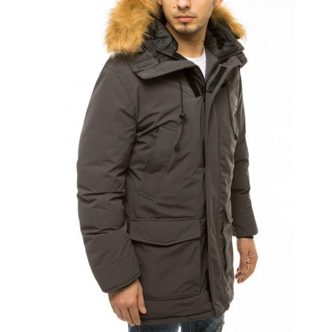 Pánska zimná bunda s kapucňou v tmavosivej farbe