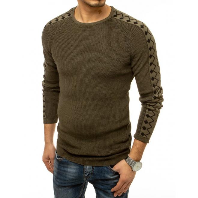 Kaki módny sveter so vzorovanými rukávmi pre pánov