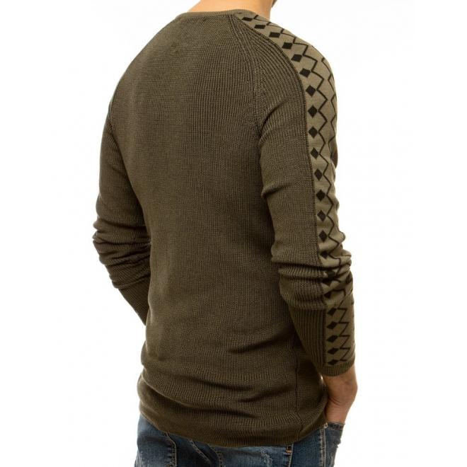 Kaki módny sveter so vzorovanými rukávmi pre pánov