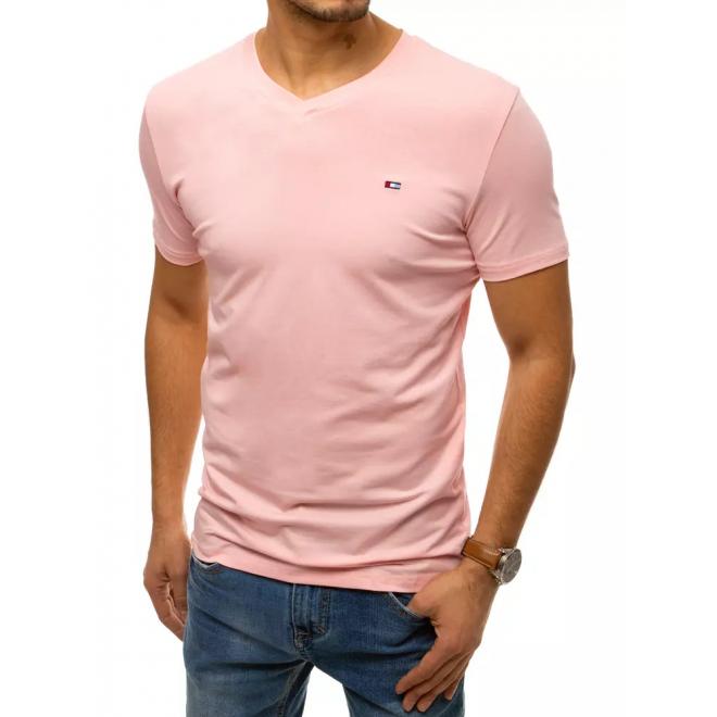 Pánske bavlnené tričko s véčkovým výstrihom v ružovej farbe