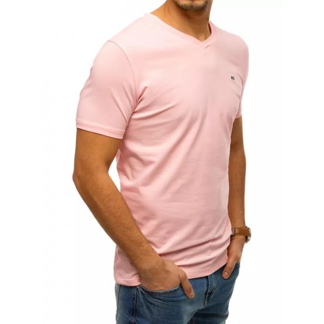 Pánske bavlnené tričko s véčkovým výstrihom v ružovej farbe