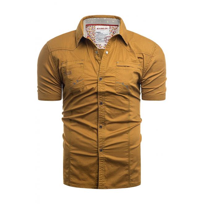 Pánska slim fit košeľa s krátkym rukávom v hnedej farbe