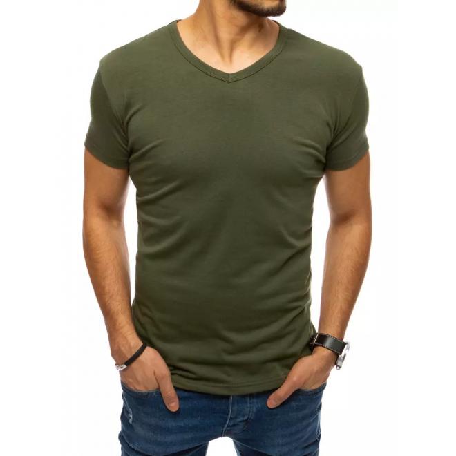 Pánske klasické tričko s véčkovým výstrihom v khaki farbe