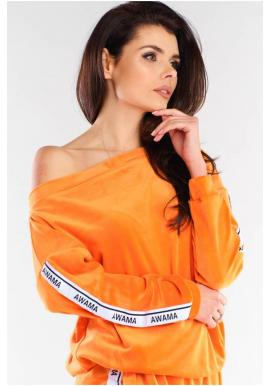 Oranžová velúrová mikina s kontrastnými pásmi pre dámy