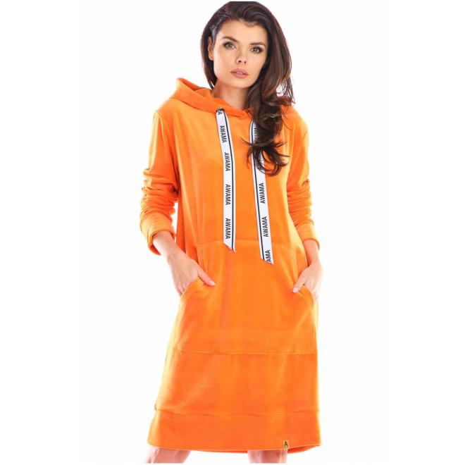 Oranžové velúrové šaty s veľkým predným vreckom pre dámy