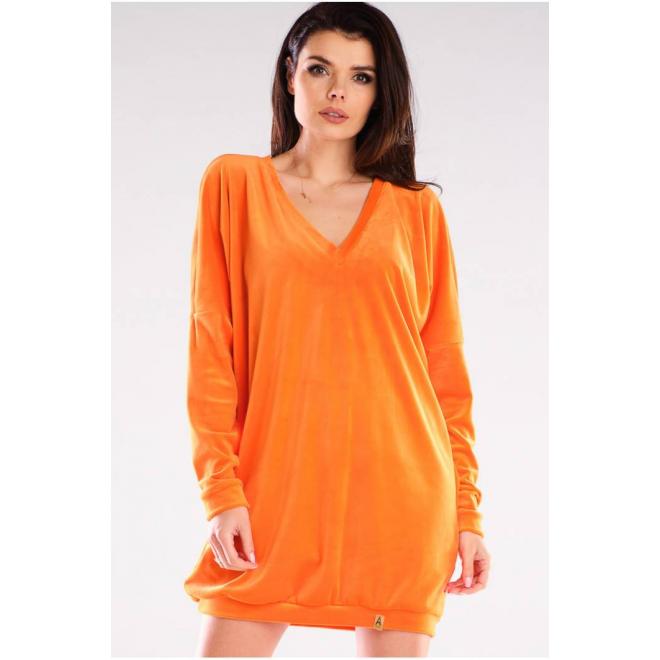 Oranžové velúrové voľné šaty s dlhým rukávom pre dámy