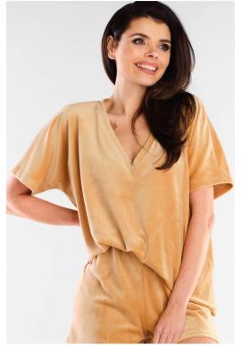 Velúrové dámske tričká béžovej farby s véčkovým výstrihom