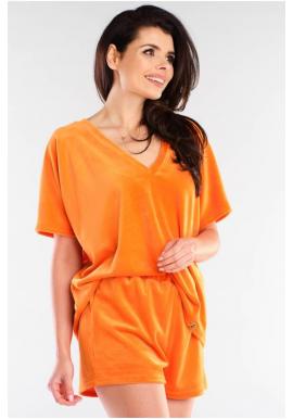 Oranžové velúrové tričko s véčkovým výstrihom pre dámy