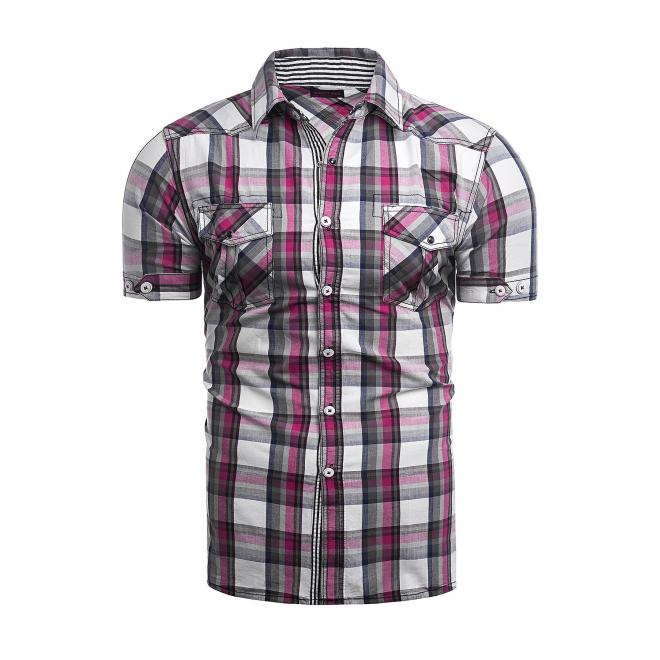 Károvaná pánska košeľa tmavoružovej farby s krátkym rukávom