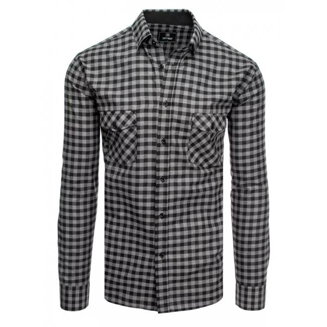 Pánska kockovaná košeľa s vreckami na hrudi v sivo-čiernej farbe
