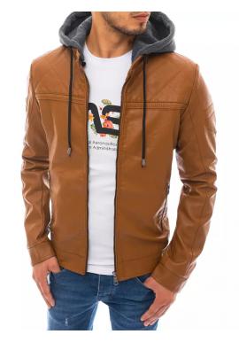 Pánska kožená bunda s teplákovou kapucňou v khaki farbe