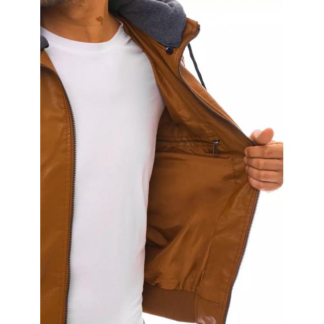 Khaki kožená bunda s odopínacou kapucňou pre pánov