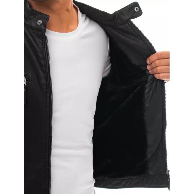 Oteplená pánska kožená bunda čiernej farby