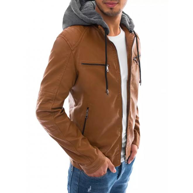Khaki kožená bunda s teplákovou kapucňou pre pánov