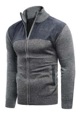 Pánsky zapínaný sveter so záplatami na lakťoch v sivej farbe