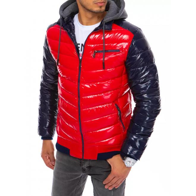 Prešívaná pánska bunda červeno-modrej farby na zimu