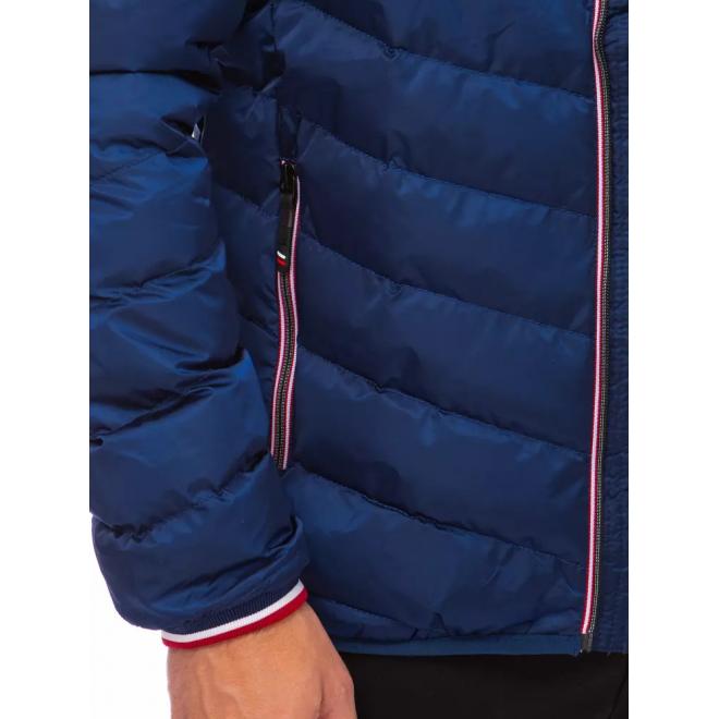 Prešívaná pánska bunda modrej farby s odopínacou kapucňou
