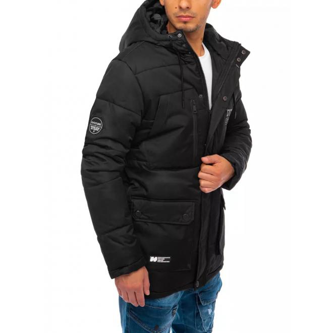 Pánska zimná bunda s potlačou na hrudi v čiernej farbe