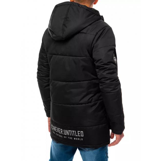 Pánska zimná bunda s potlačou na hrudi v čiernej farbe