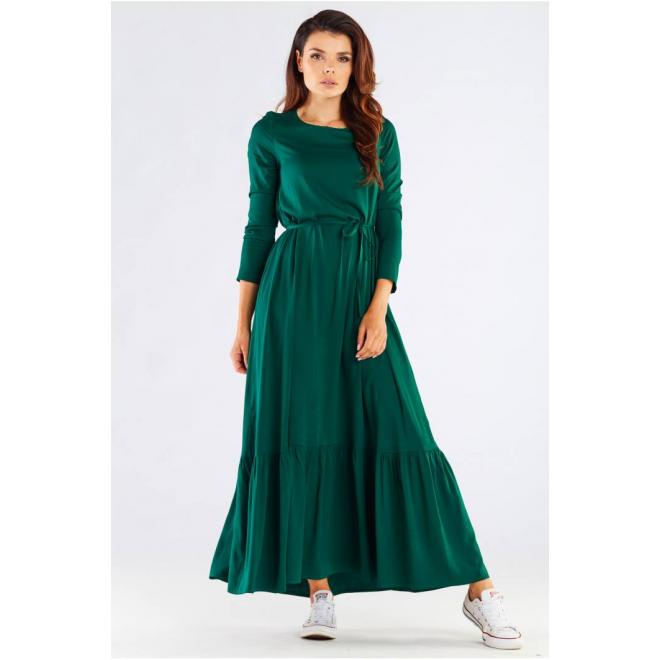 Dlhé dámske šaty zelenej farby s volánom a šnurovaním