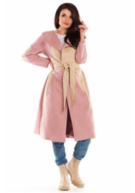 Dámsky dlhý semišový kabát s opaskom v ružovo-béžovej farbe