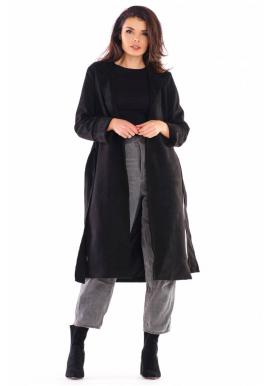 Semišový dámsky kabát čiernej farby s opaskom