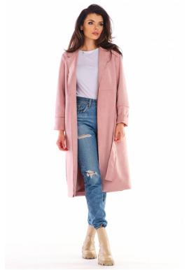 Ružový semišový kabát s opaskom pre dámy