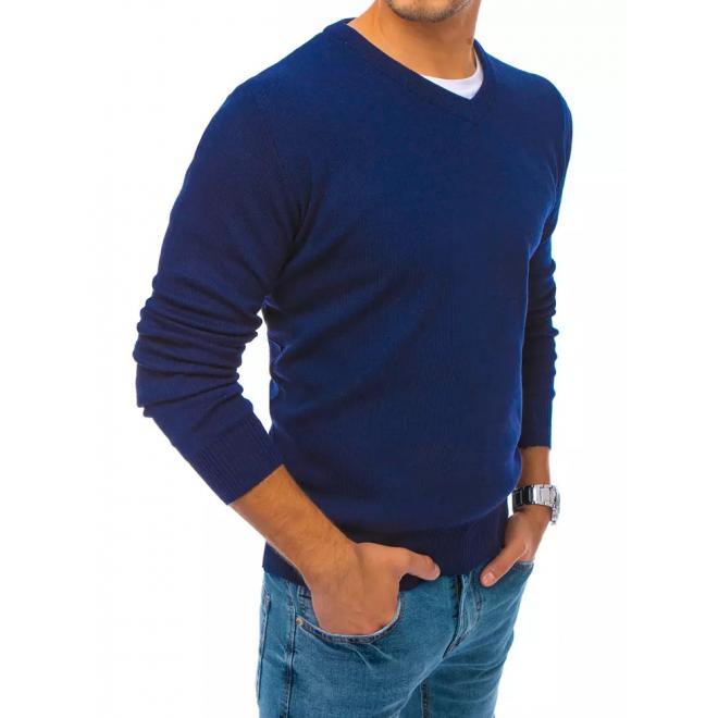 Pánsky módny sveter s véčkovým výstrihom v modrej farbe