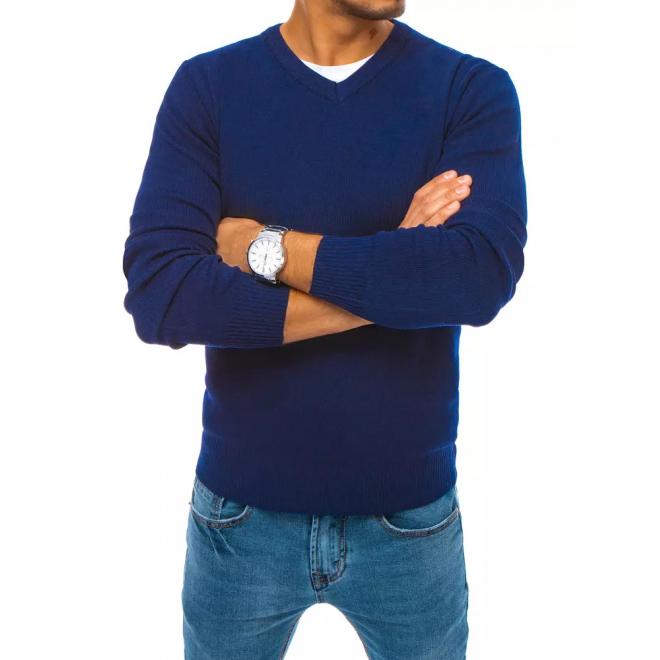 Pánsky módny sveter s véčkovým výstrihom v modrej farbe