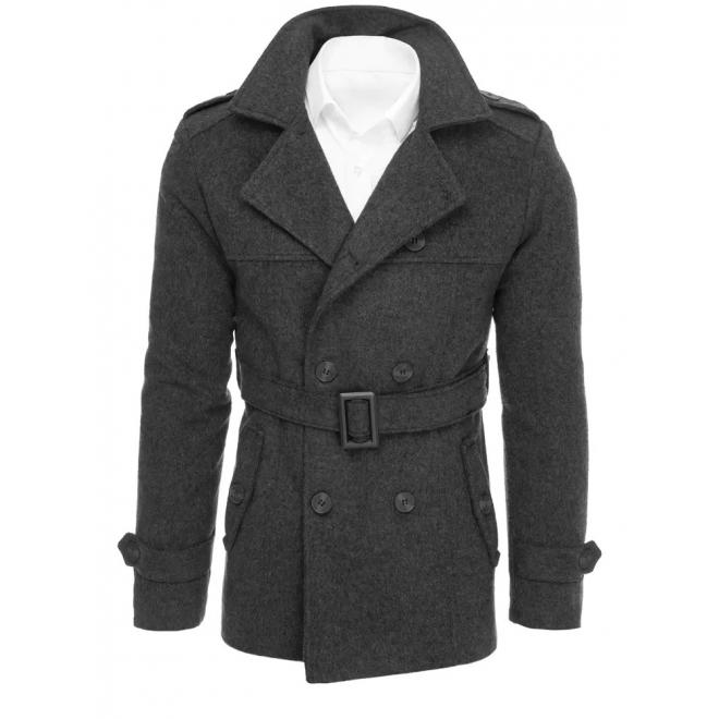 Pánsky dvojradový kabát s opaskom v tmavosivej farbe