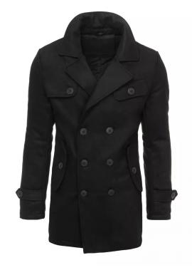 Dvojradový pánsky kabát čiernej farby s vreckom na hrudi