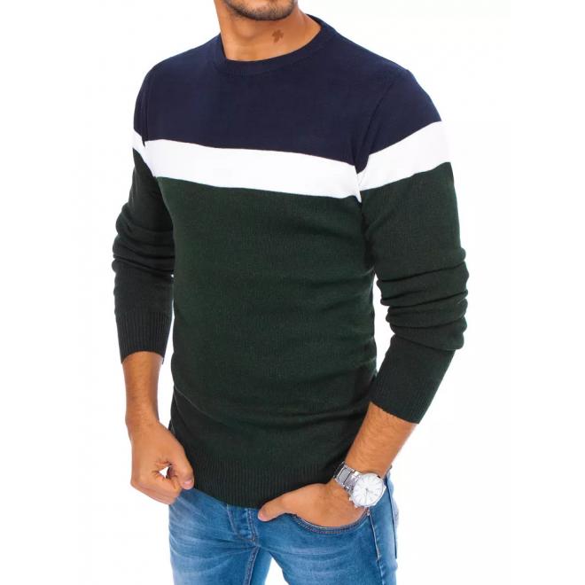 Jesenný pánsky sveter zelenej farby s kontrastnými pruhmi