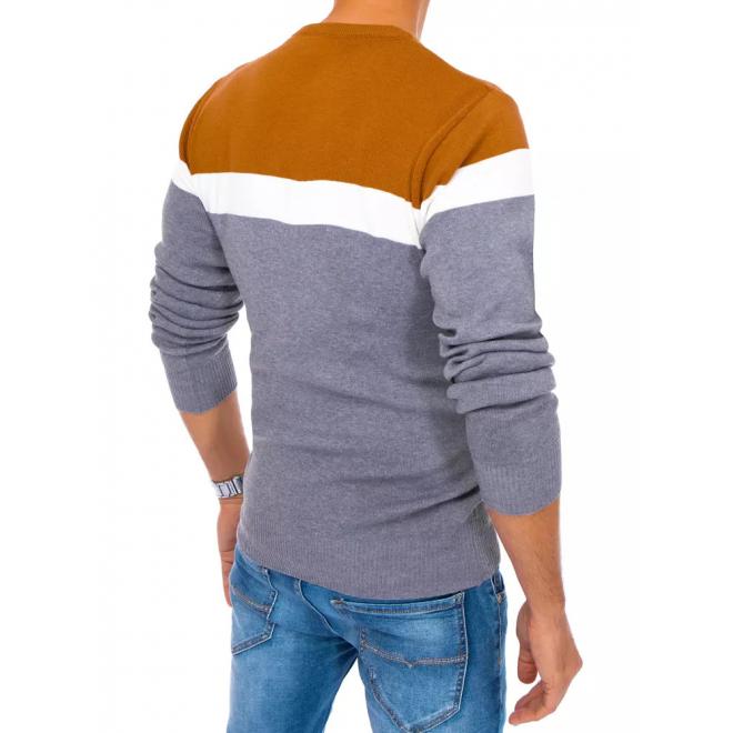 Pánsky jesenný sveter s kontrastnými pruhmi v svetlosivej farbe