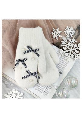 Zimné dámske rukavice krémovej farby s mašľami